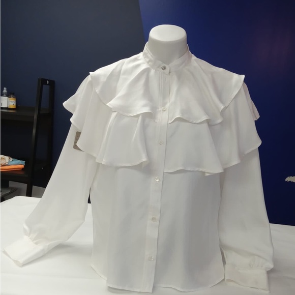 SANDRO COMEDIE RUFFLE YOKE SILK BLOUSE IN - Picture 8 of 8